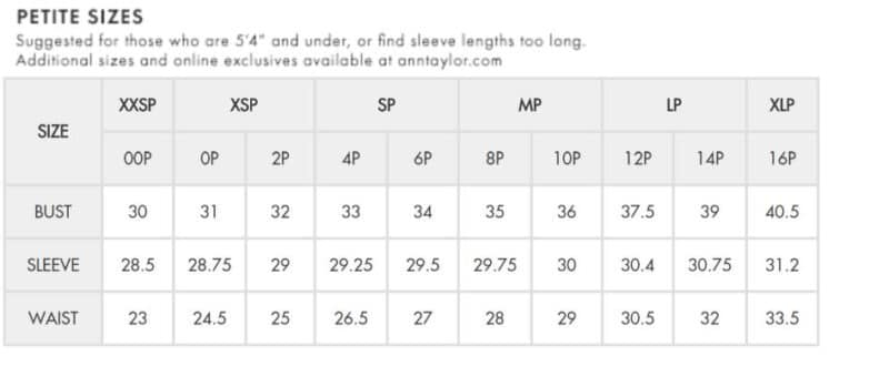 AT Petite Size Chart