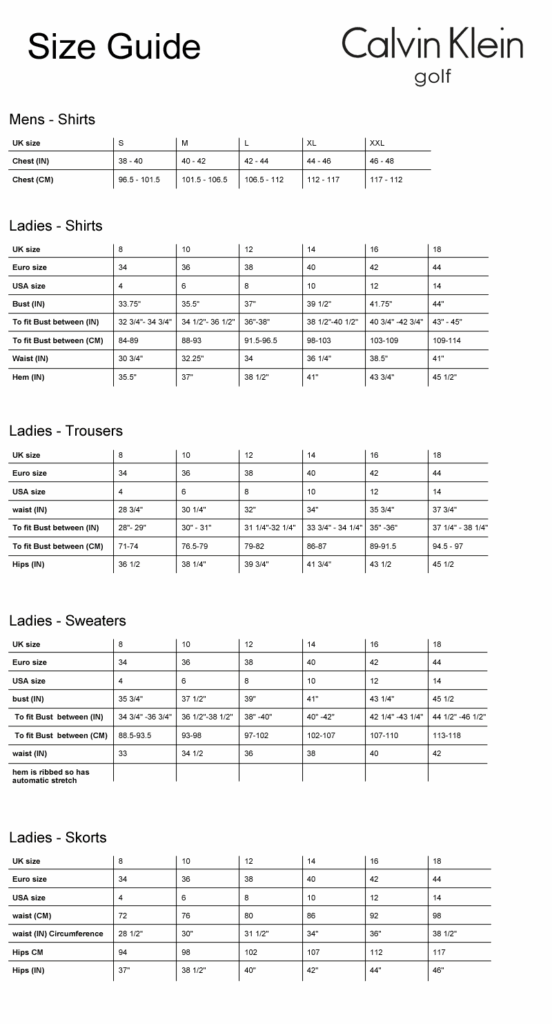 Calvin Klein Sizing Chart Www inf inet
