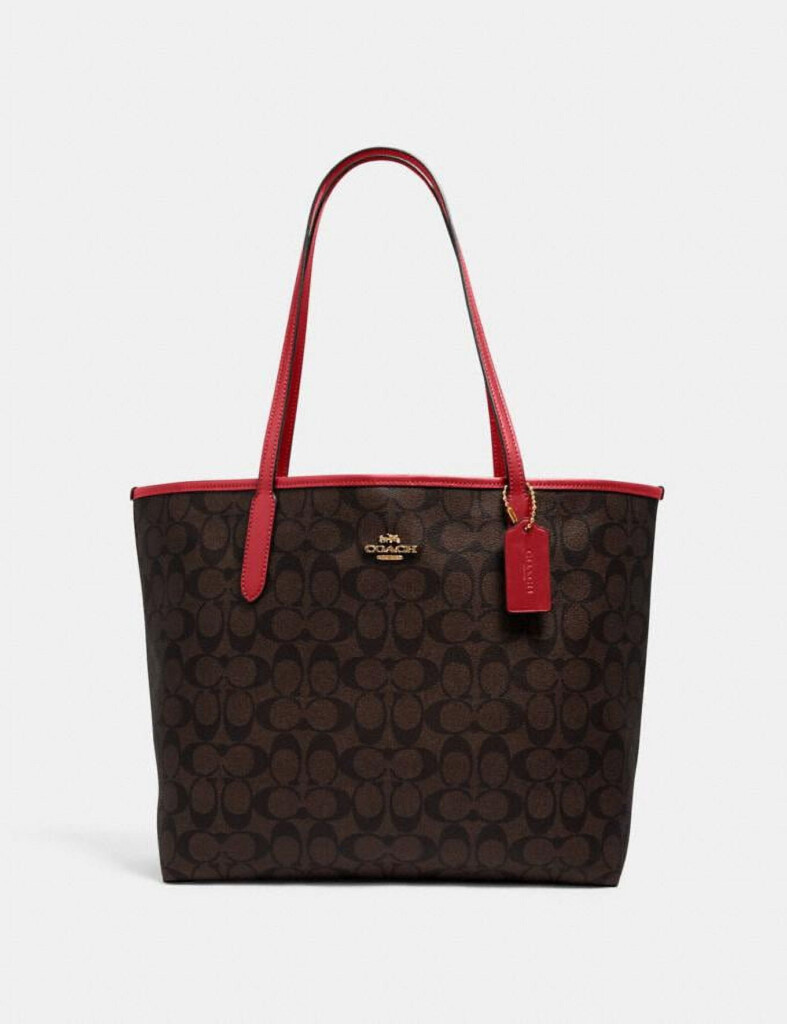Coach Women 39 s Signature Canvas City Tote Leather Details Zip Pocket 