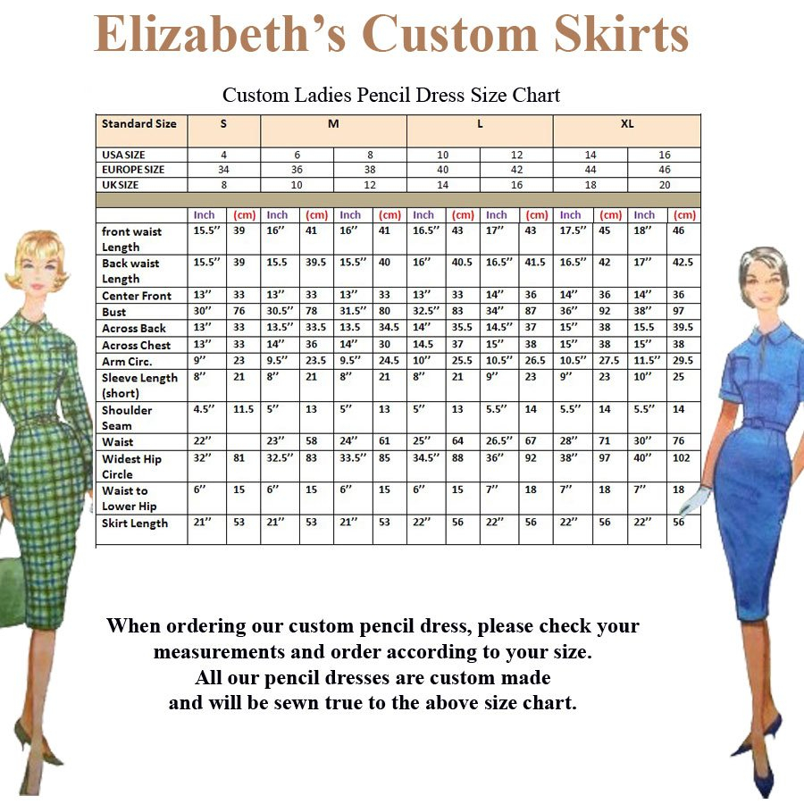 Custom Ladies Pencil Dress Size Chart Elizabeth 39 s Custom Skirts