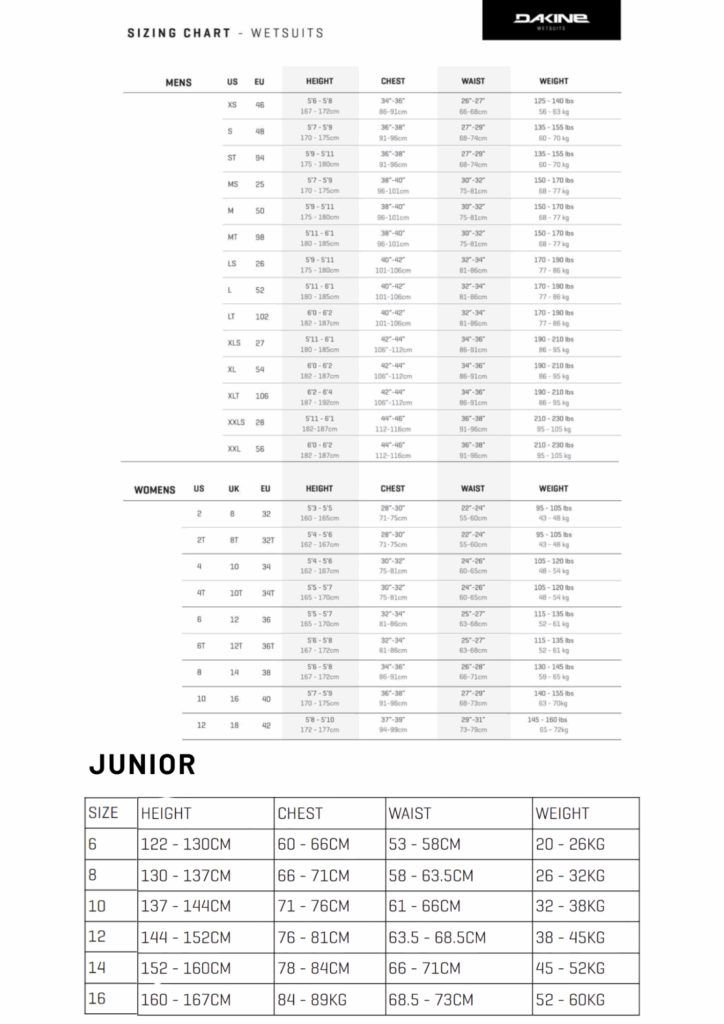 Dakine Size Chart Wetsuit Warehouse