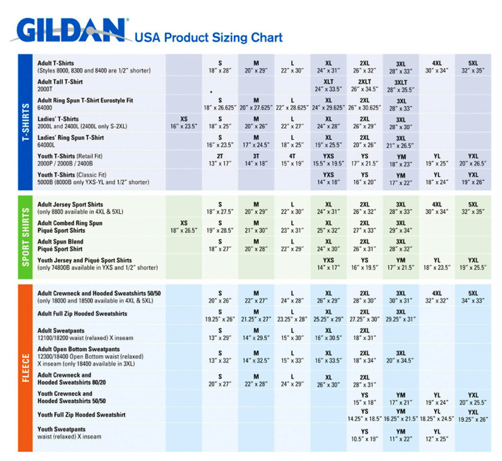 GILDAN SIZING CHART