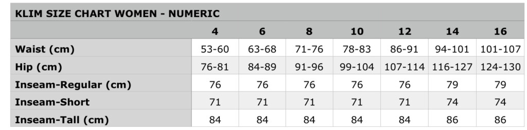 KLIM Size Chart Women