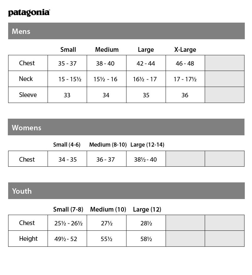PATAGONIA SIZING CHART www amerasport