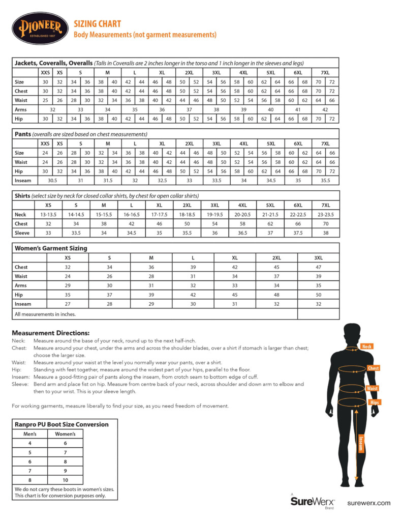 Pioneer Size Chart