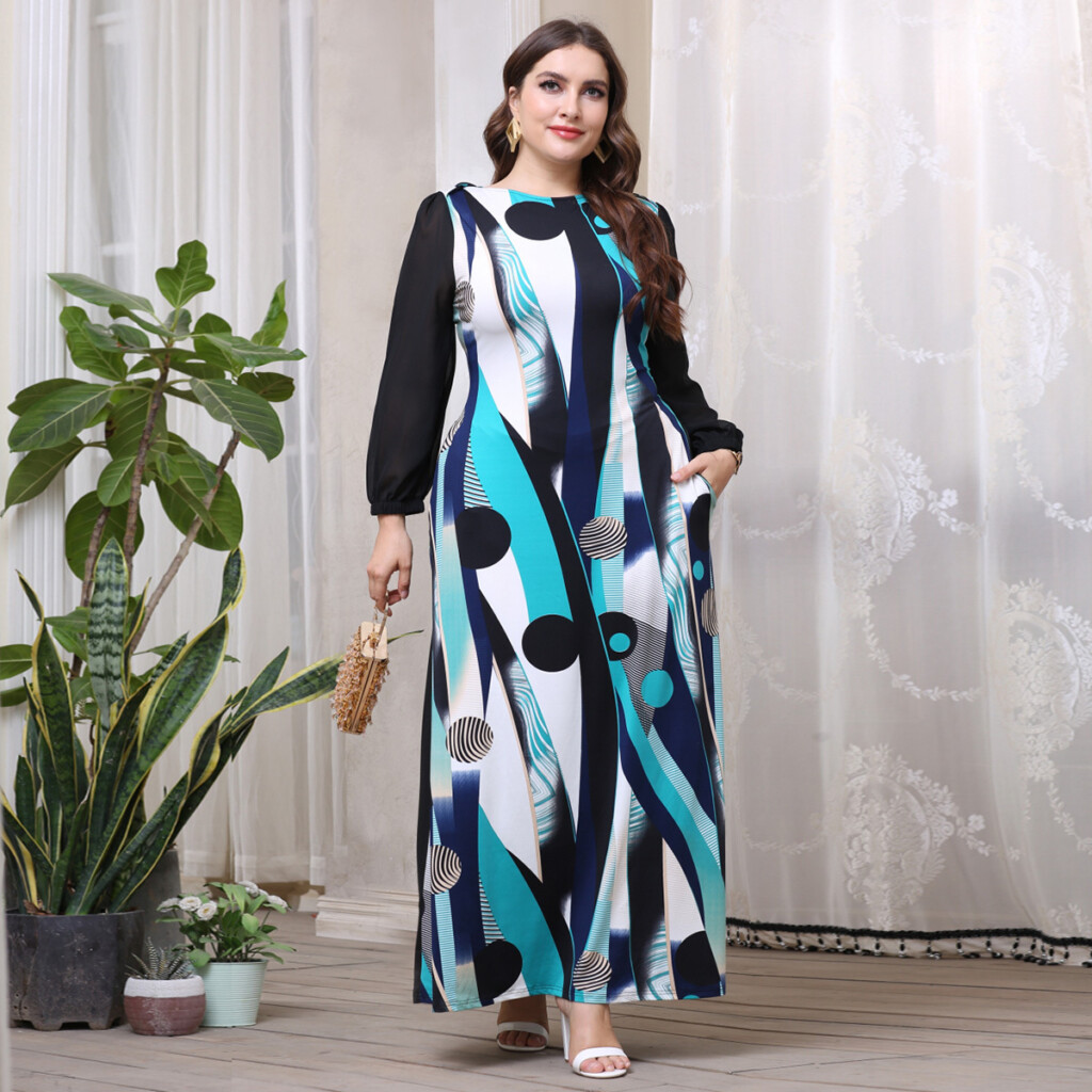 Plus Size Geometric Print Long Sleeve Maxi Dress Women 39 s Plus Retro 