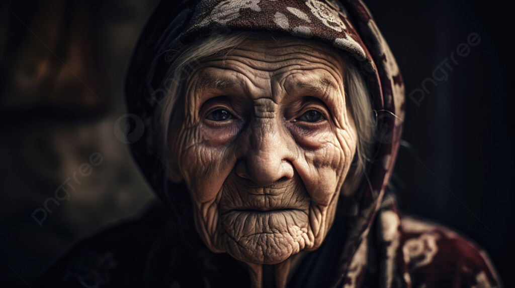 Portrait Of An Old Woman Is Looking Into The Camera Background Picture 