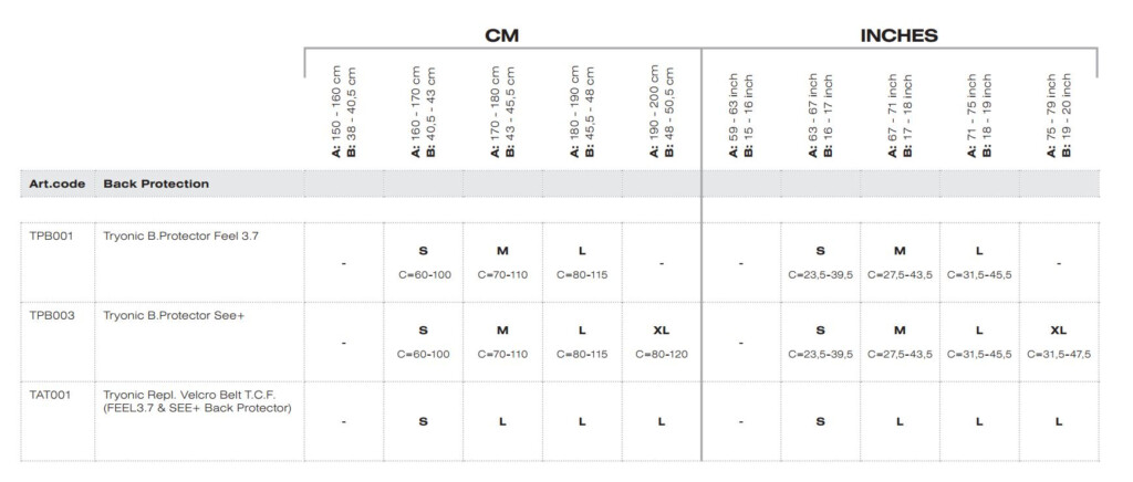 Size Chart Revit back protector FortNine Canada