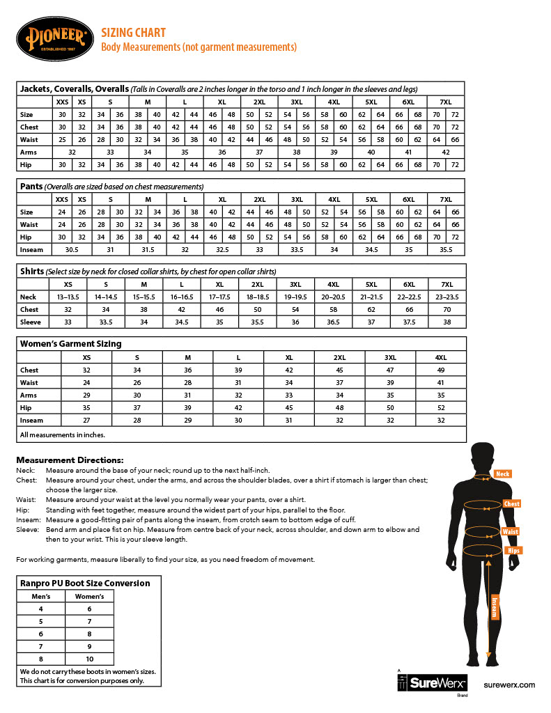 Sizing Chart For Pioneer Safety Wear BC Fasteners Tools