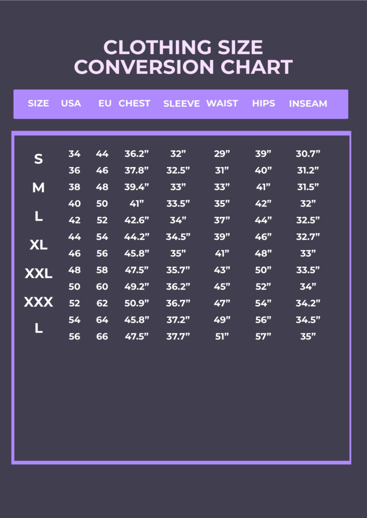 Standard Clothing Size Chart Waist Conversion Sizes Sizing Measurement 