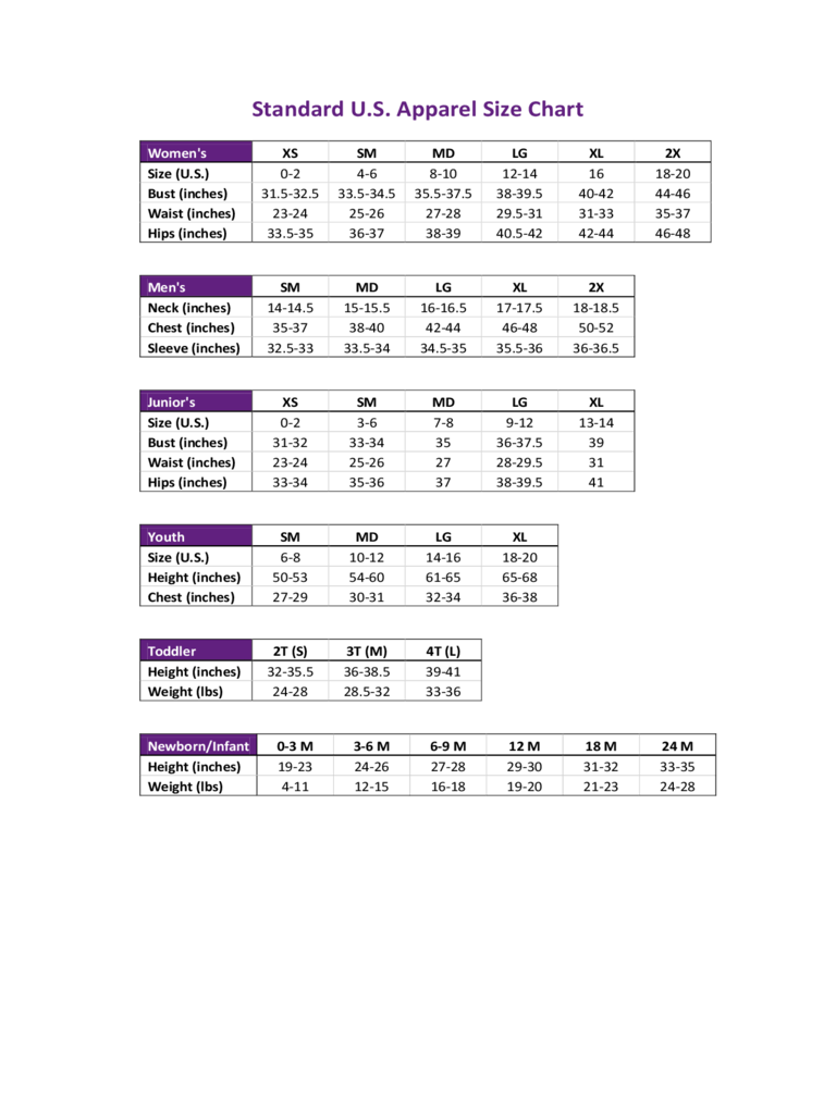 Standard U S Apparel Size Chart Edit Fill Sign Online Handypdf