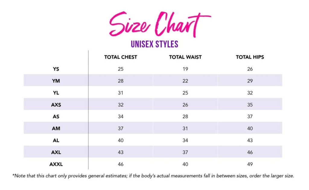 Unisex Size Chart Ygraph