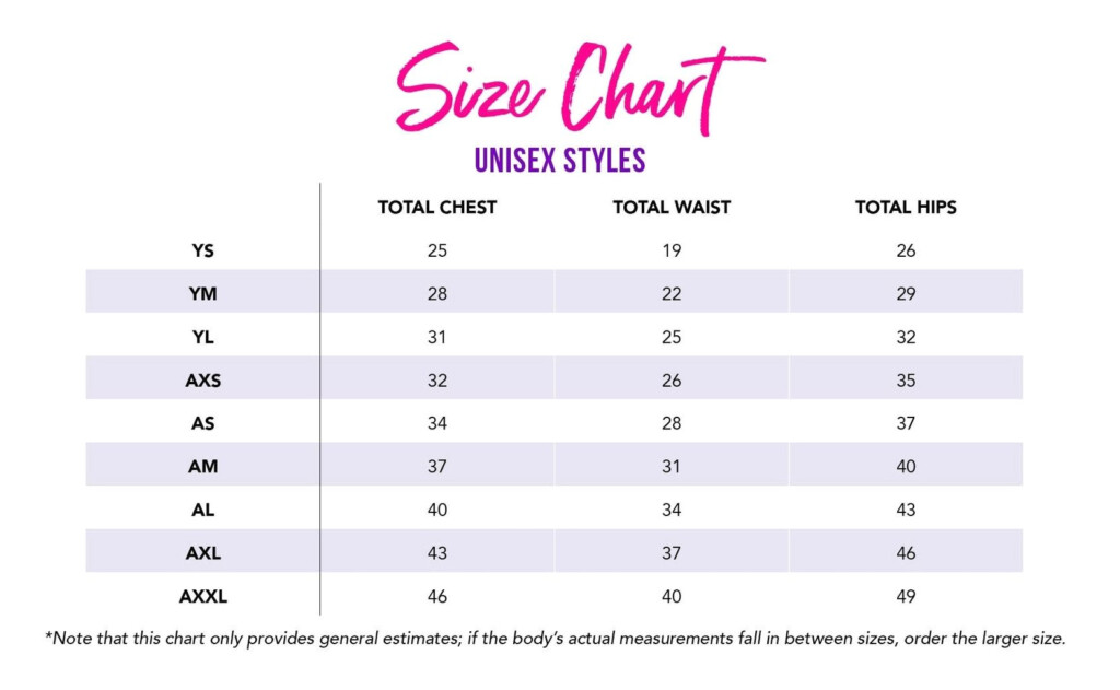 Unisex Size Chart Ygraph