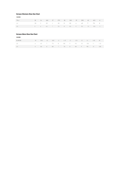 Versace Shoe Size Chart Printable Pdf Download