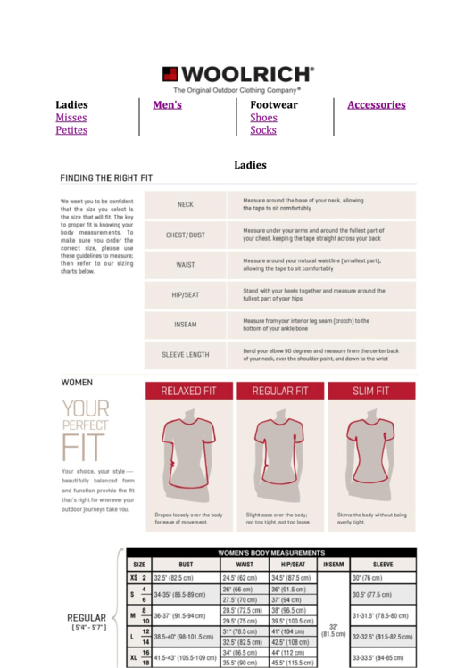 Woolrich Size Chart Printable Pdf Download