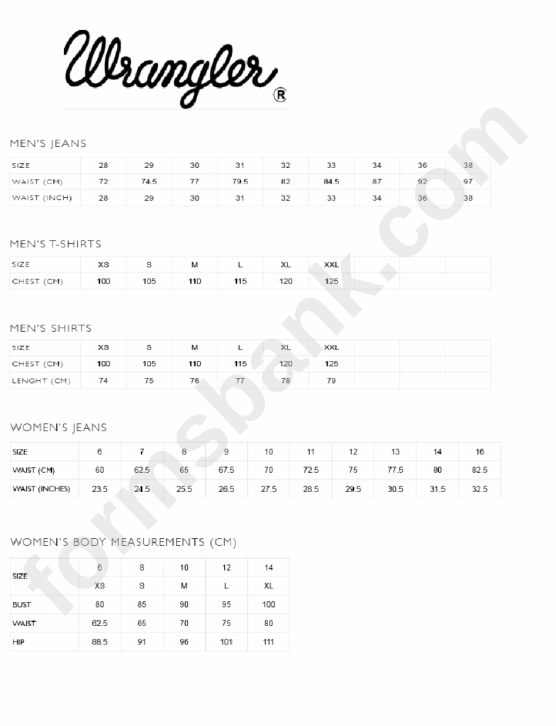 Wrangler Apparel Size Chart Printable Pdf Download